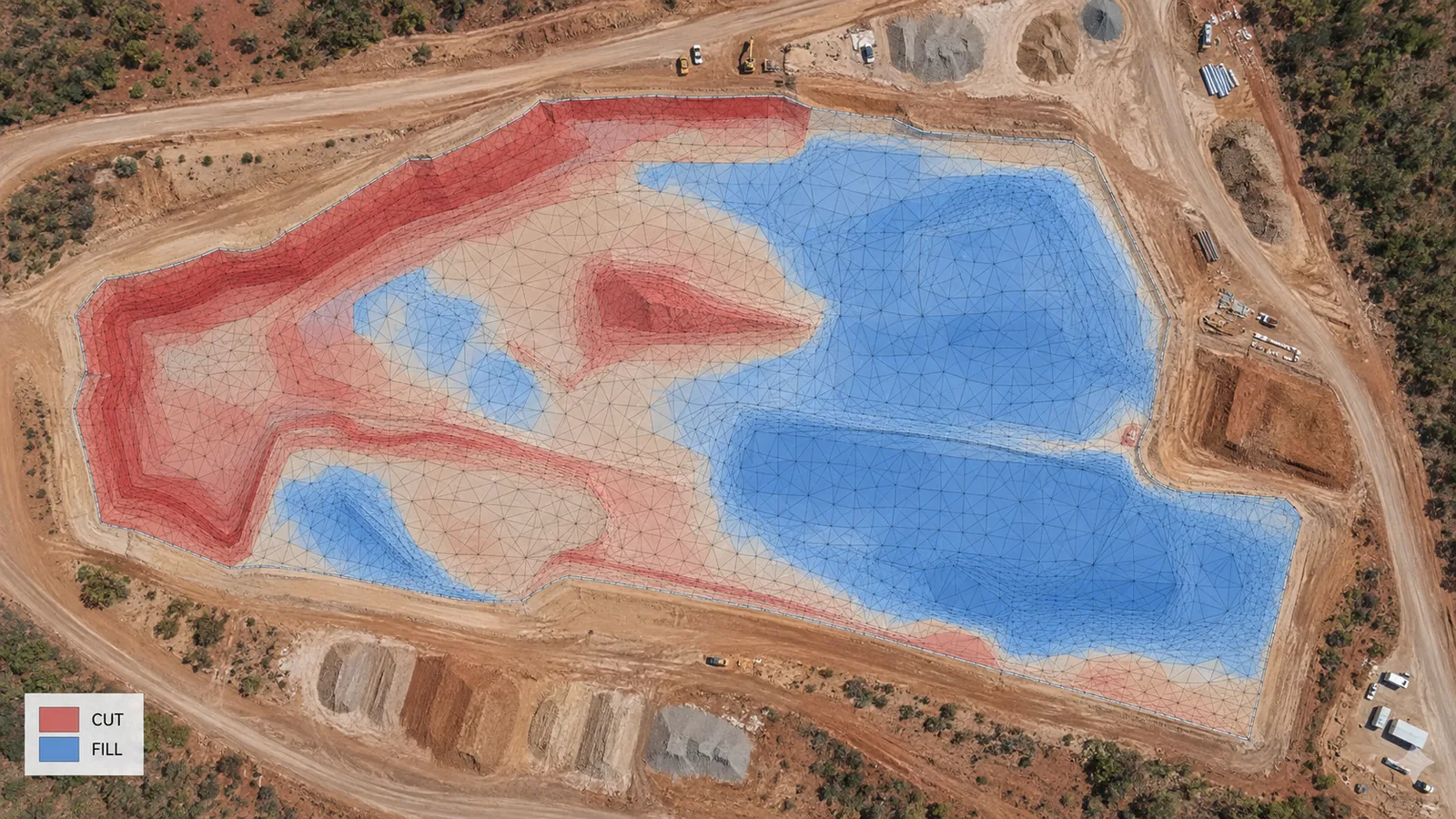 Illustrative cut and fill deliverable with shaded areas and TIN triangles over a drone orthophoto