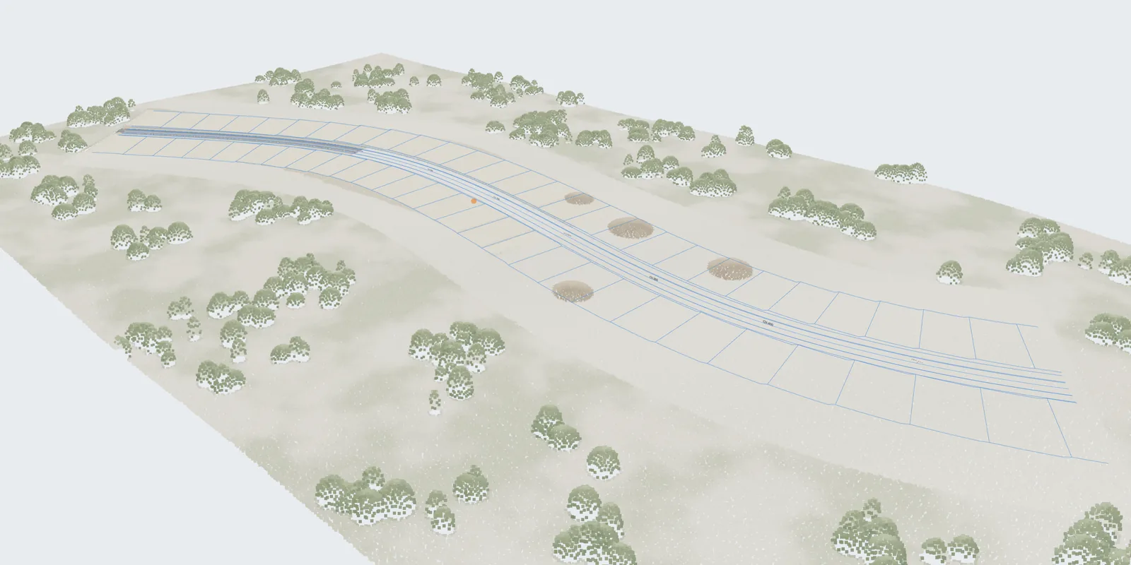 A drone capture of a subdivision under construction in 3D, with the road design laid over it (demo data)