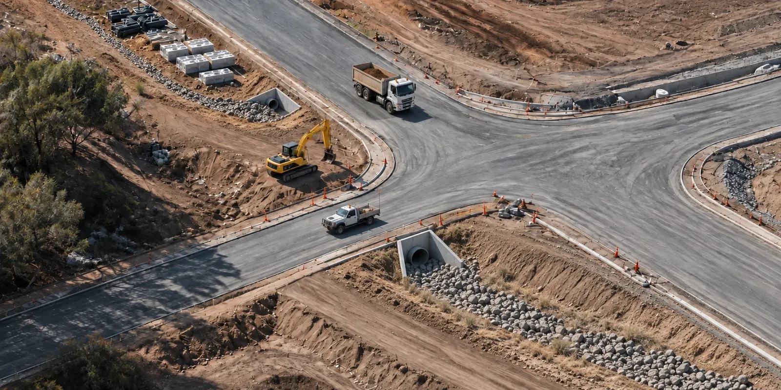Illustrative aerial civil roadworks with an Australian trayback ute and cab-over tipper