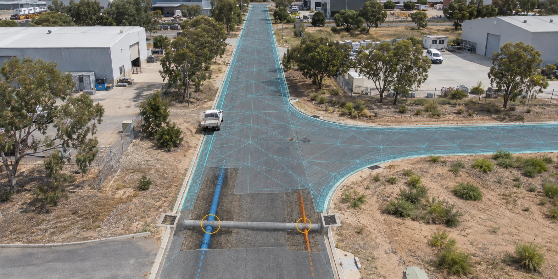 Illustrative WA road junction showing a cyan road TIN, proposed drainage crossing an existing water main and communications service, with two conflict markers