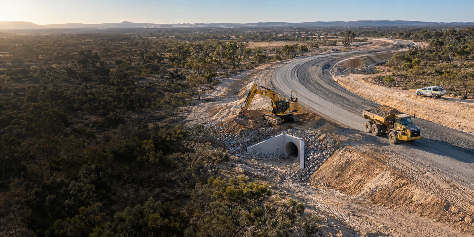 Illustrative aerial view of Western Australian road and drainage construction with an excavator, dump truck and culvert