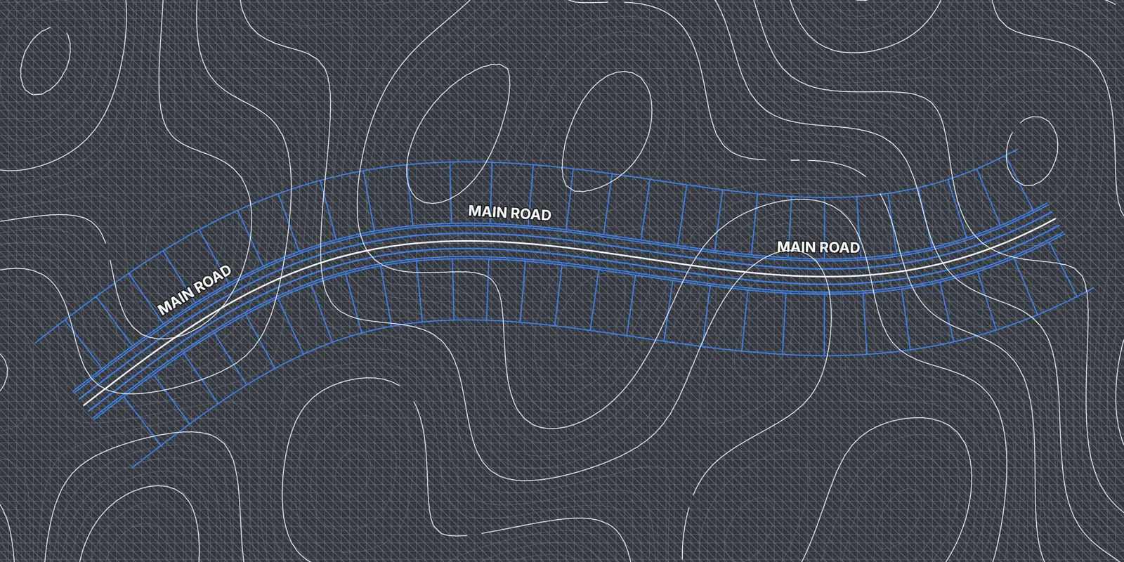 The same ground as a design model: contours, road strings and chainages (demo data)